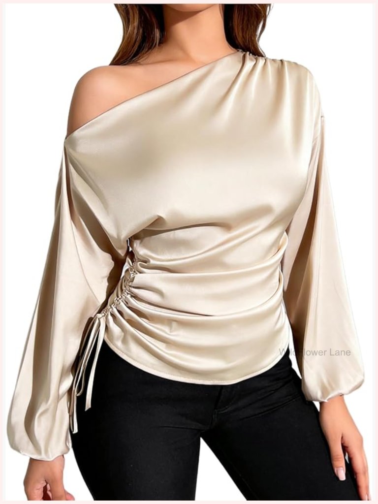 Elegant Satin Off Shoulder Lantern Sleeve Blouse Drawstring Side Asymmetric